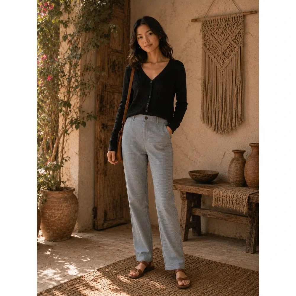 Free People Pants Womens Large Blue Gingham‎ Plaid Kate Cotton Trousers